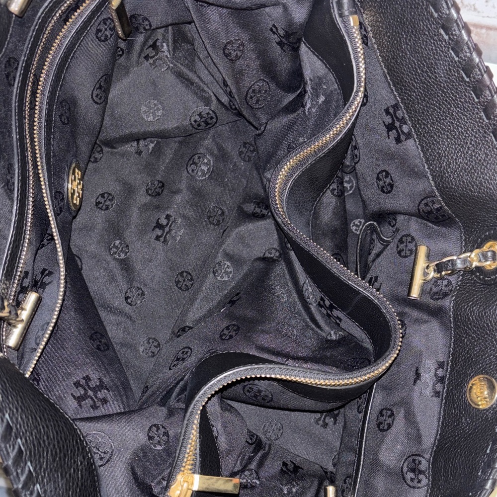 LIKE NEW Tory Burch Black Pebbled Leather Tote with Gold Chain - Picture 9 of 15